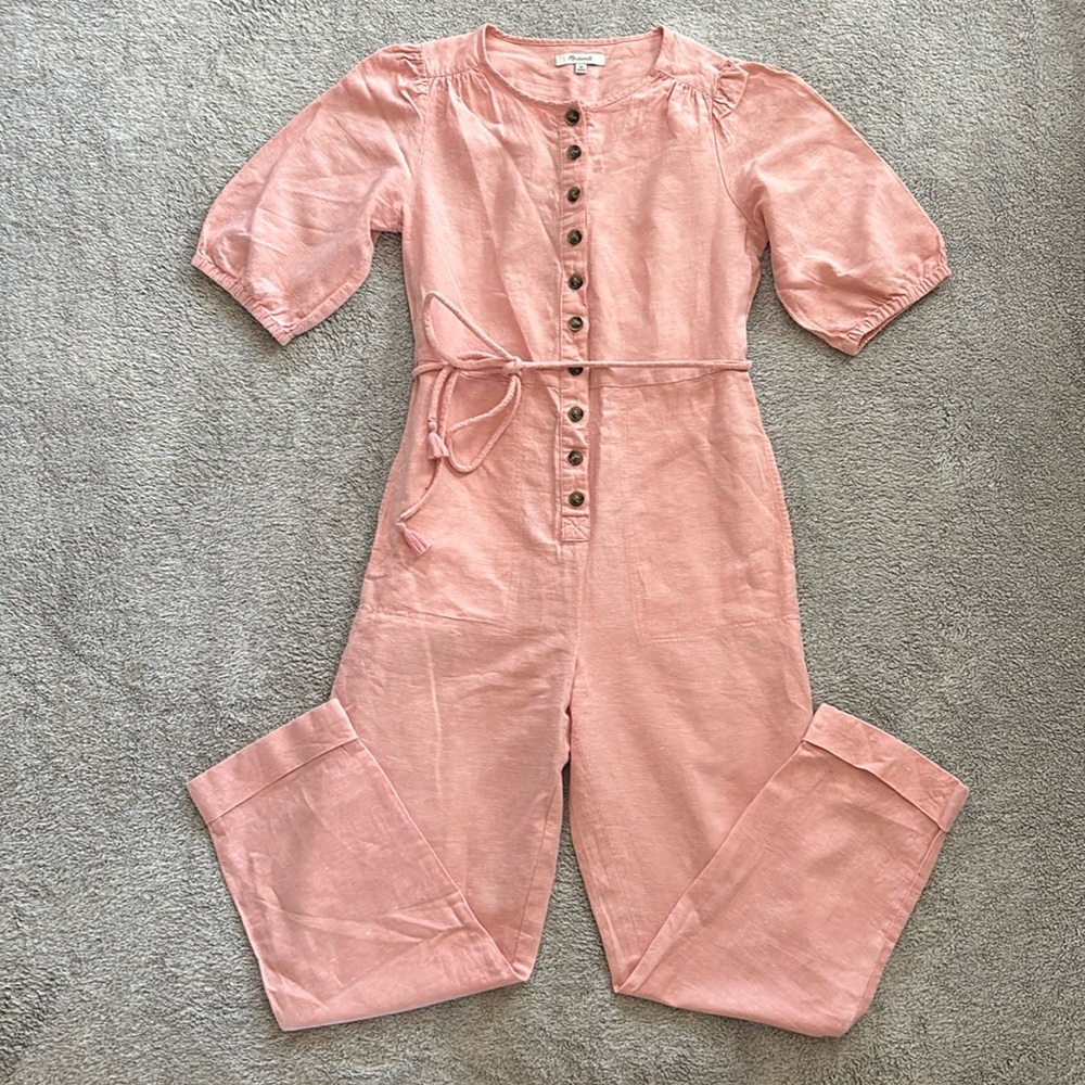 Madewell Light Pink Button-Up Linen Jumpsuit